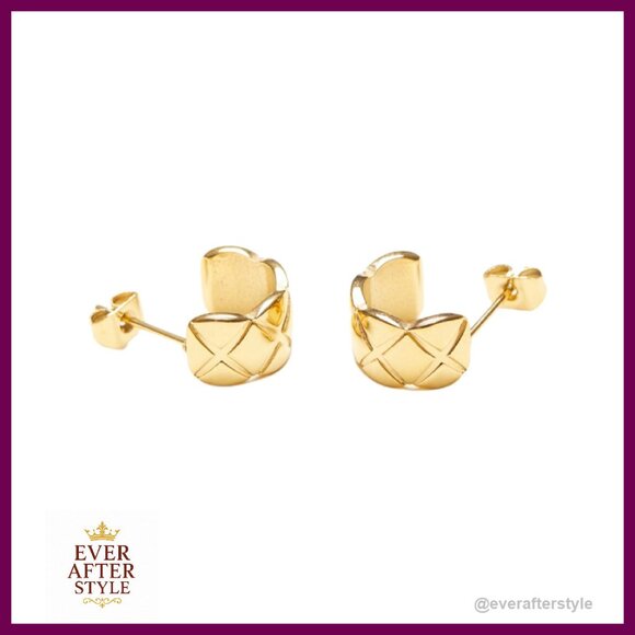 Gold Plated Hoop Earrings Minimalist Vintage Quilted Huggie Dainty Everyday